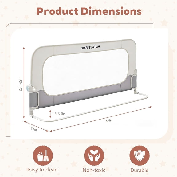 Toddler Bed Rail 47in Folding Guard with Anchor System & Sturdy Metal Frame for Crib Twin