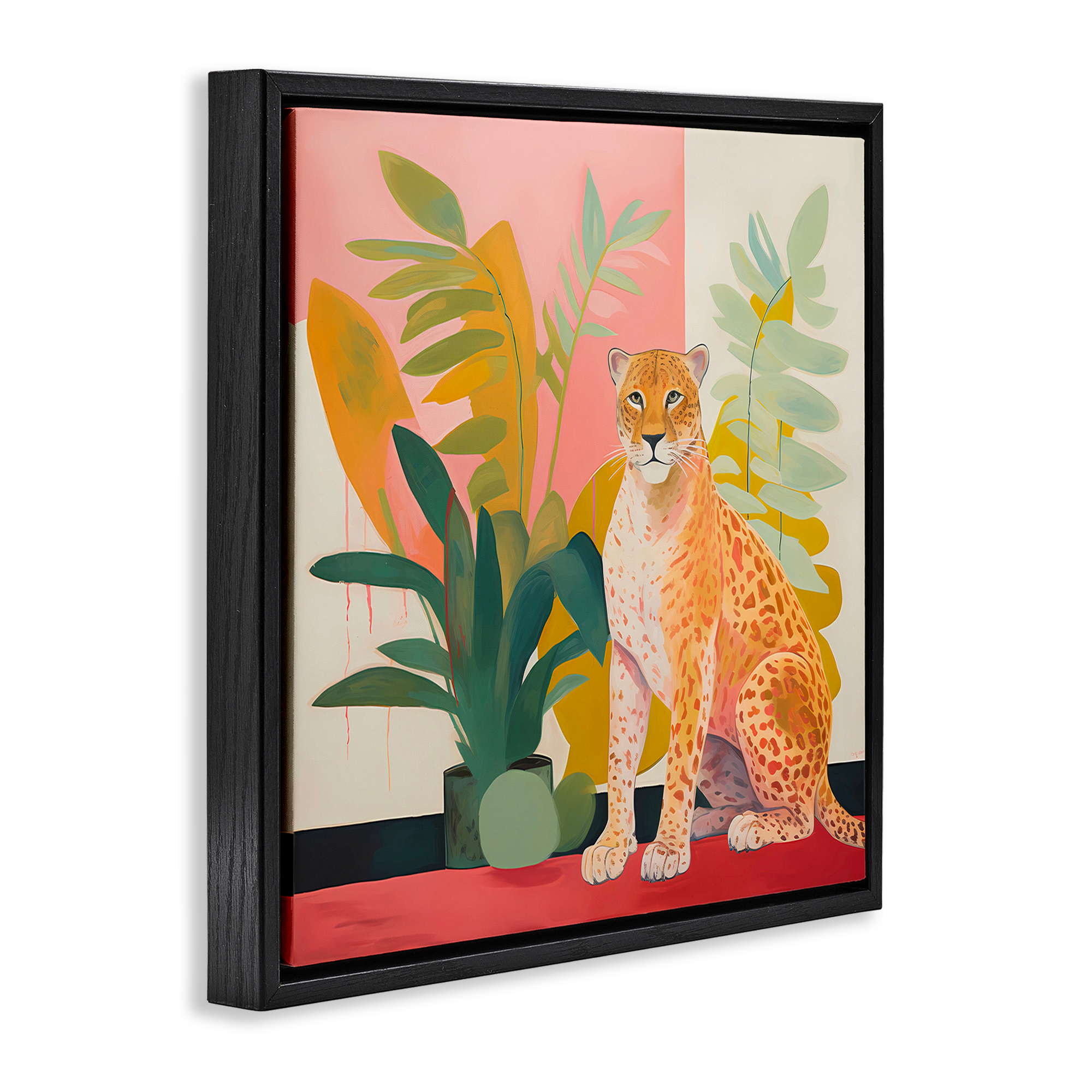 Stupell Industries Leopard Sitting with Plants Animals & Insects Painting Black Floater Framed Canvas Art Print Wall Art, 25 x 25