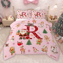 Manfei Girly Pink Christmas Full Size Comforter Sets for Kids, Cartoon Monogrammed R Bedding Comforter Set, Kawaii Santa Claus Reversible Bedding Sets, Luxury Bedroom Decor, 3-Piece