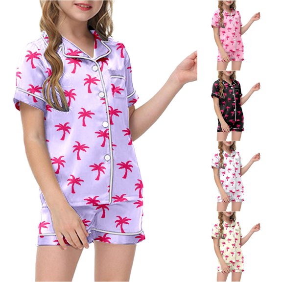 RUTAYY Girls 2 Piece Home Outfit Tropical Palm Tree Graphic Contrast Piping Short Sleeve Shirt Casual Sleep Set Purple