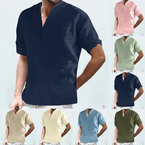Utoimkio Men's Cotton Linen Shirts Pullover Casual Stand Collar Long Sleeve Beach T-Shirts Casual Loose Fit V Neck Shirts Tops
