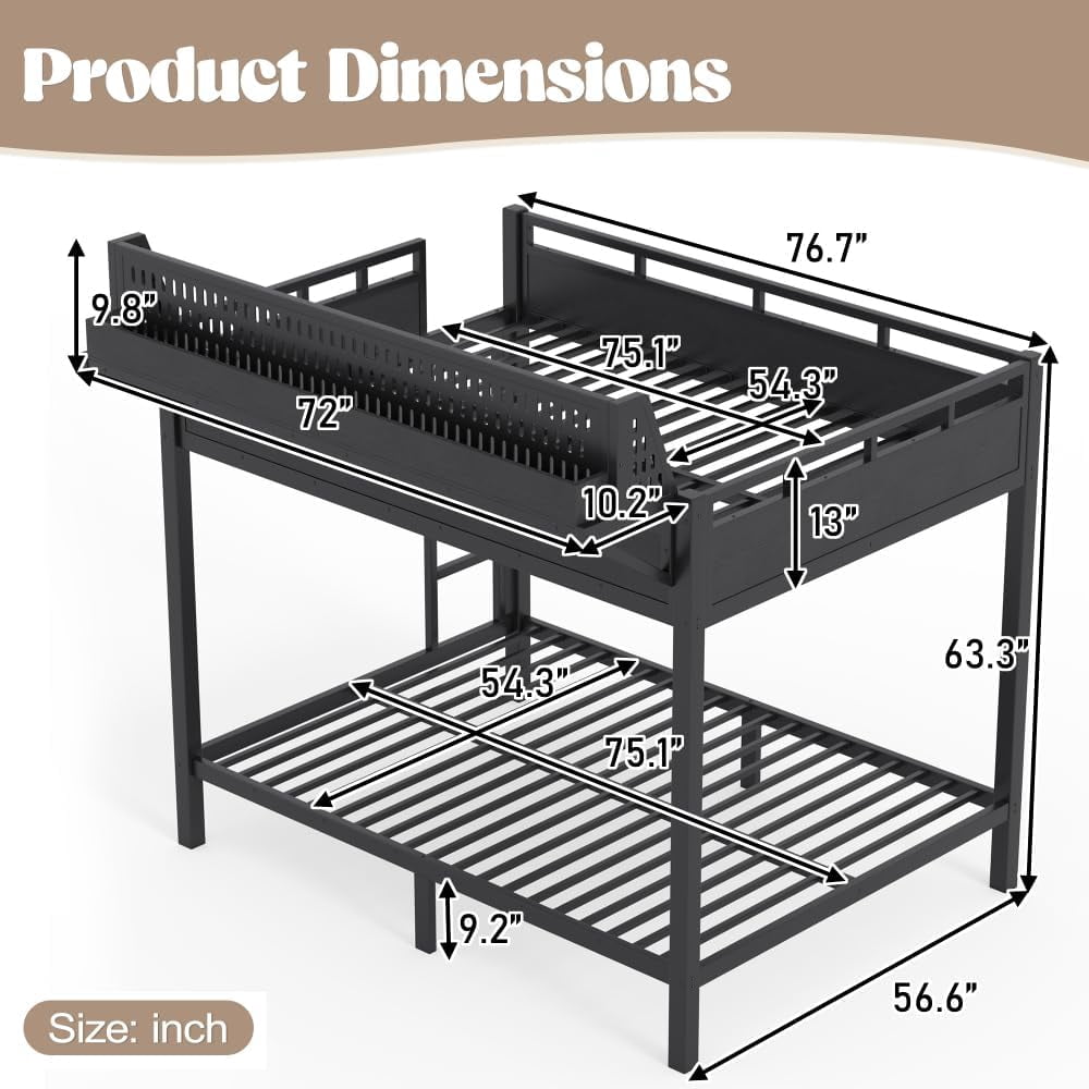 Full over Full Metal Bunk Bed with USB Ports & LED Lights, Storage Shelves, Black