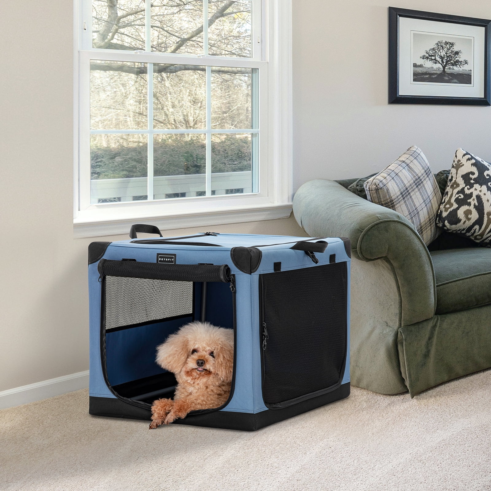 Petsfit Dog Travel Crate, Adjustable Fabric Cover by Spiral Iron Pipe, Chew Proof 3 Door Design, Portable Collapsible Pet Crate Blue