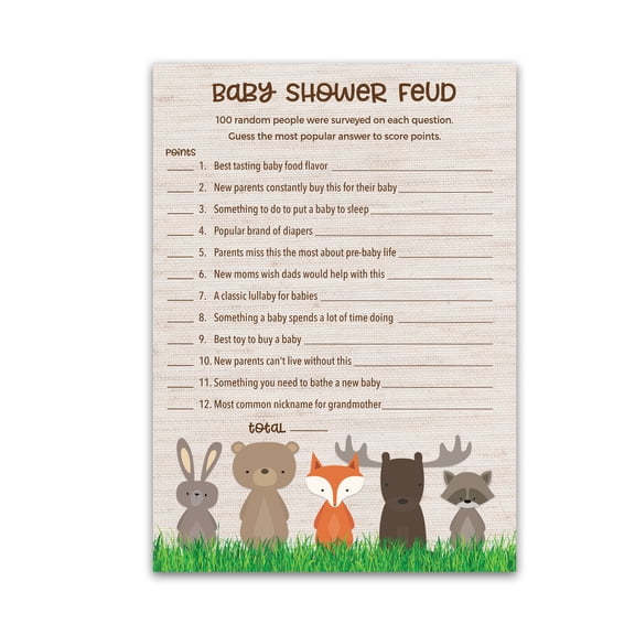 WOODLAND ANIMALS Baby Shower FEUD Game - Pack of 25 - Country Rustic GENDER NEUTRAL Fun Shower Family Feud Games, Baby Shower Activity, Fall Outdoors Baby Shower Fued Games G601-BSF