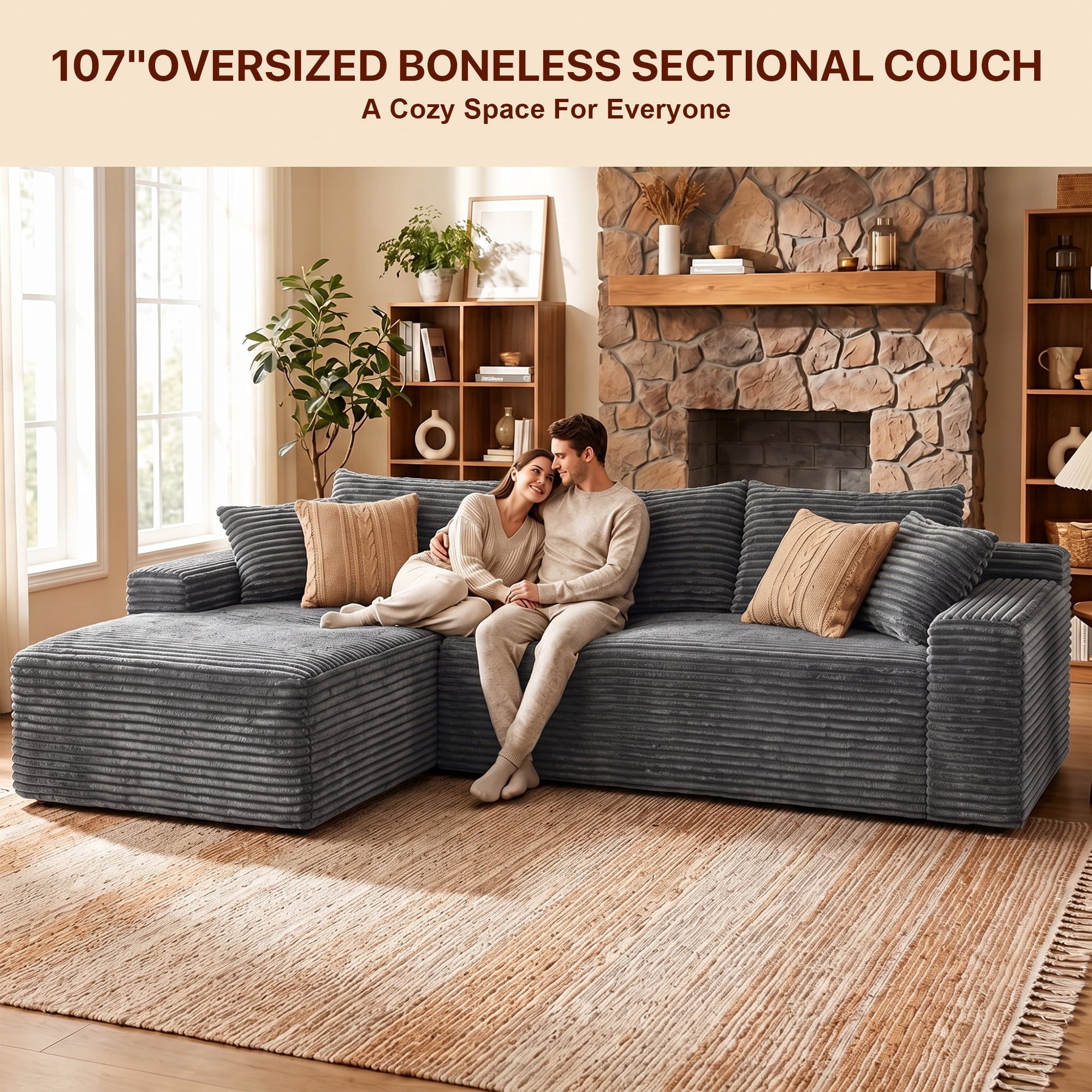 Aukfa 108" Cloud Sectional Sofa Oversized Boneless Couch Modular L-Shaped Sofa, Left Chaise Corduroy Sofa for Living Room, Dark Gray