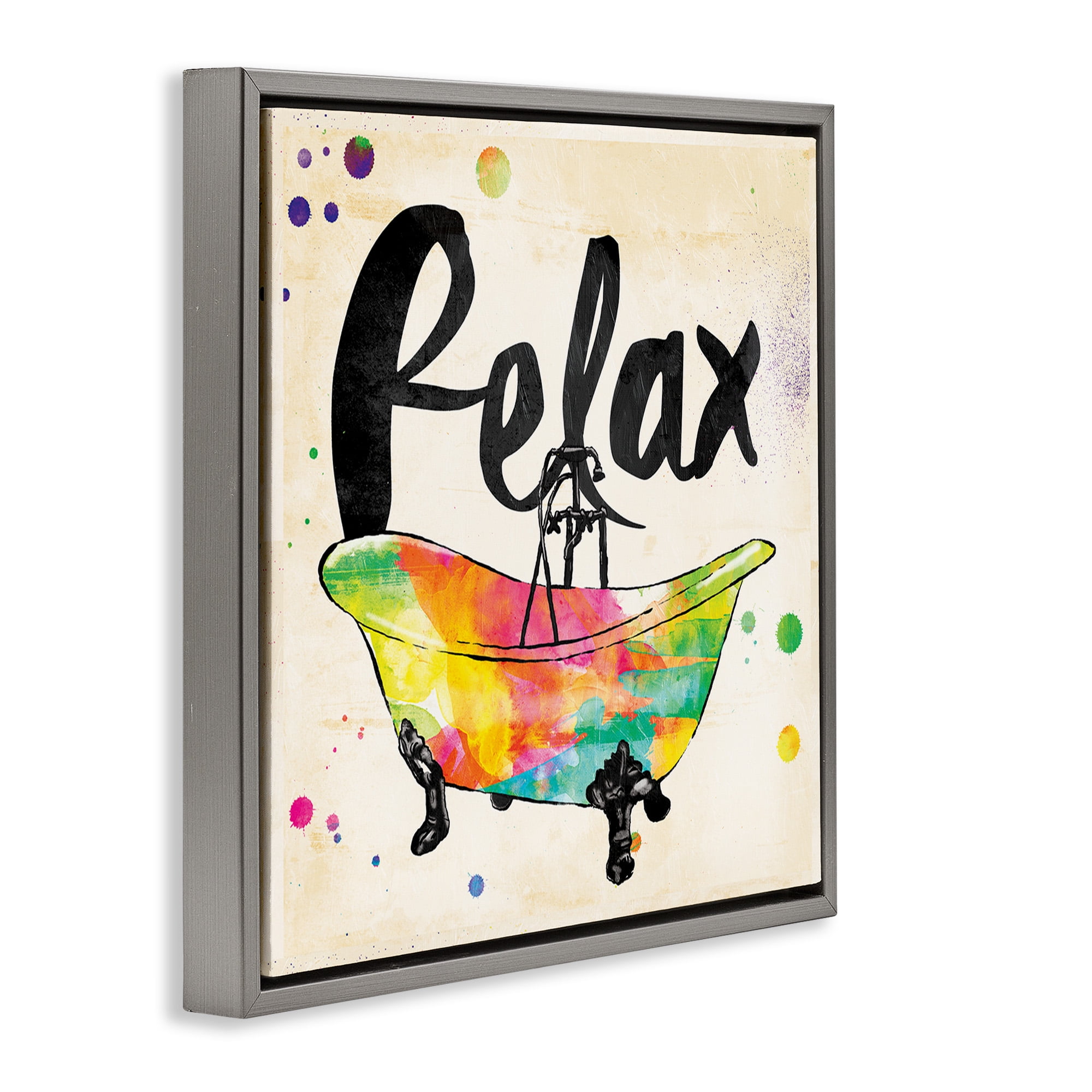 Stupell Industries Relax Rainbow Colors Icon Bath Typography Painting Gray Floater Framed Canvas Art Print Wall Art, 25 x 25