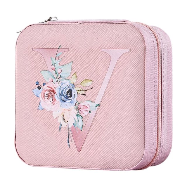 V Pu Alphabet Jewelry Storage Box 26 Printed Letter With Portable Design, Organized Compartments And Durable Material For Earrings, Rings, Bracelets
