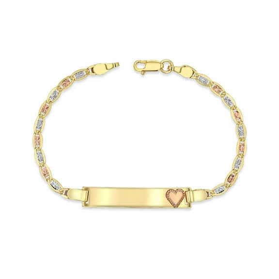 14K Tri-Color (Yellow, White, Rose) Gold 3mm Chain Baby ID Bracelet with Rose Gold Heart