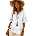 thumbnail image 5 of GILIGEGE Womens Cotton Linen Tops Flowy Summer Gauze Fringe Shirts Retro Short Sleeve V Neck Shirts Raw Hem Loose Beach Clothes，Frayed Henley Shirt Boho Tunic Blouse White M, 5 of 8