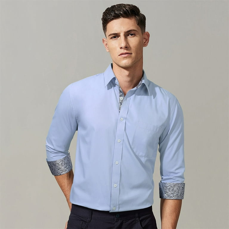HISDERN Men Dress Shirts Casual Button Down Shirt Long Sleeve Formal  Business Shirt Light Blue Navy