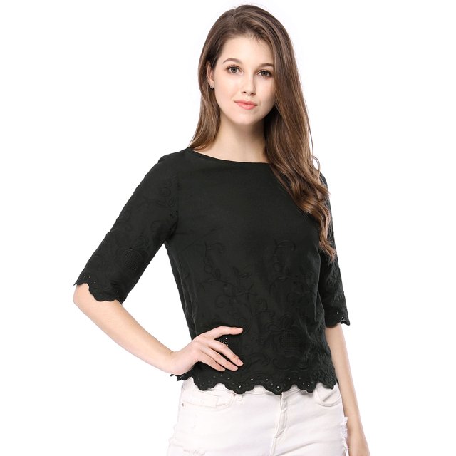 Blusa Bordado Cuello Redondo Codo De Para Mujer Mangas Negro L