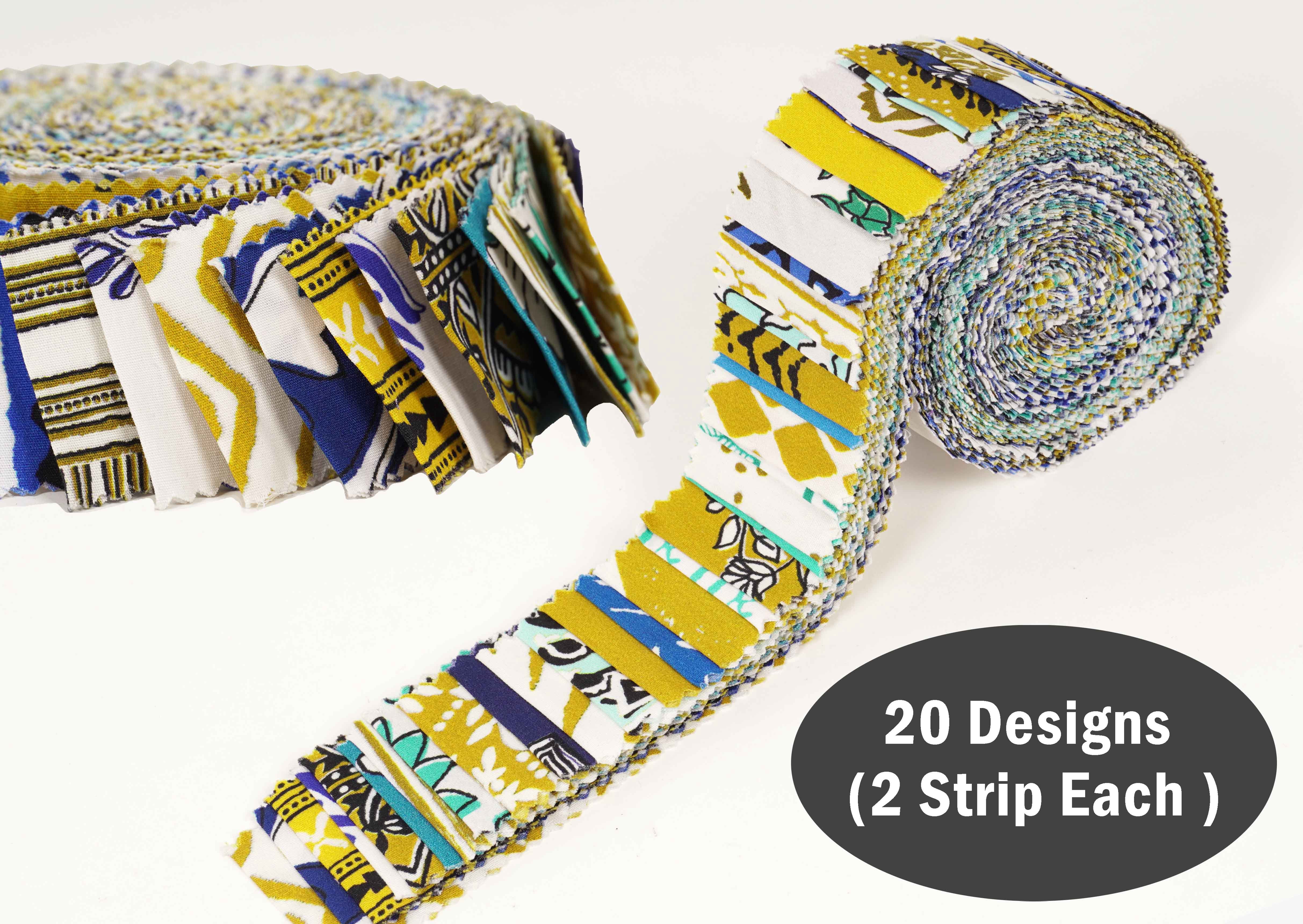 Soimoi 40Pcs Asian Block Print Precut Fabrics Strips Roll Up 1.5x42 inches Cotton Jelly Rolls For Quilting - Mustard, Blue, White