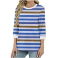 thumbnail image 2 of Women's 3/4 Length Sleeve T-Shirts Striped Print Crew Neck Trendy Tunic Tops Loose Casual Tees for Fall Spring (S, Blue 02), 2 of 5