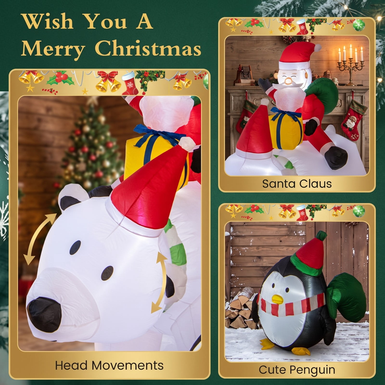 RUIE 7 Ft Inflatable Santa Claus Riding Bear with Penguin, Gift Bags and Gift Box, LED Lighted Christmas Yard Inflatable Blow Up Outdoor Holiday Decoration, Multicolor