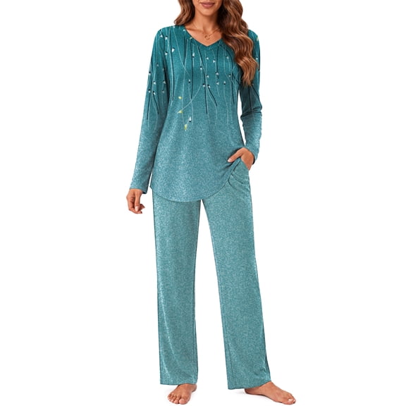Weekease Long Sleeve Pajamas Set for Women V Neck Tops Wide Leg Pants 2 Piece Lounge Fall Sleepwear with Pockets