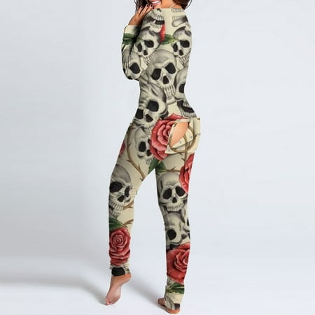 

TMOYZQ Womens Sexy Halloween Print Onesies Butt Flap Pajamas Ladies Deep V Neck Long Sleeve Button-down Front Functional Jumpsuit Sleepwear Autumn Winter Rompers Nightwear Bodycon Bodysuits(Khaki L)