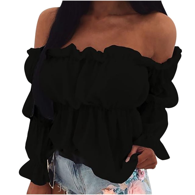 PVCS Mode Femmes Off-Épaule Bustier Couleur Unie Manches Longues Chemisier Top