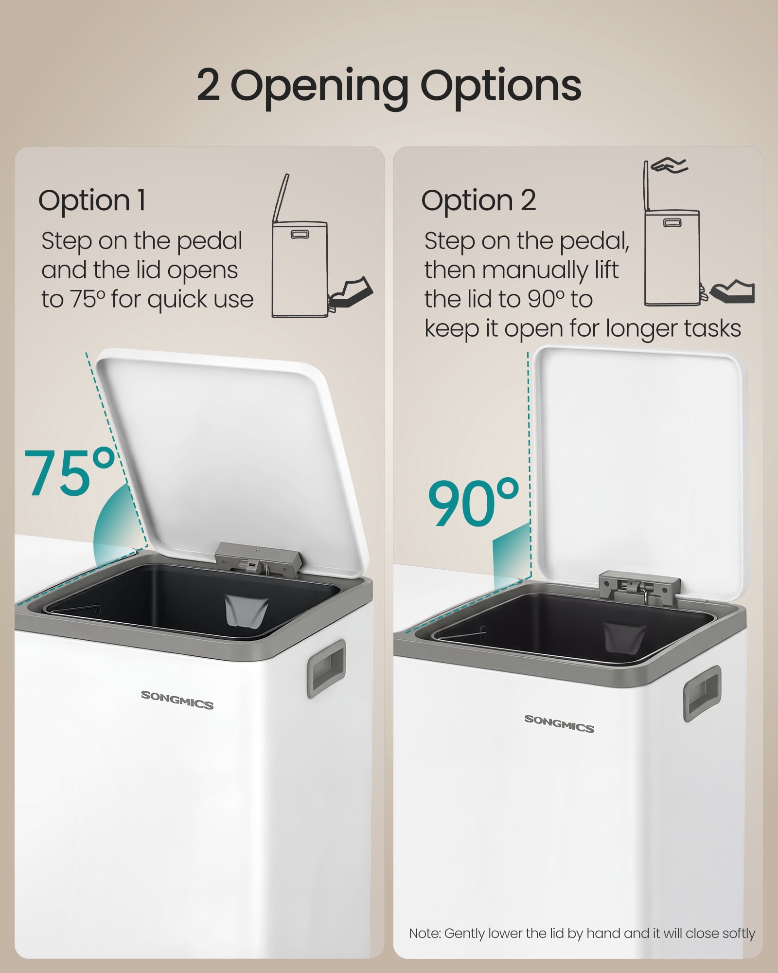 SONGMICS Trash Can, 2 x 8 Gallon (2 x 30 L) Double Compartment Garbage Can for Recycling, Stainless Steel, with 15 Liner Bags, Pedals, White