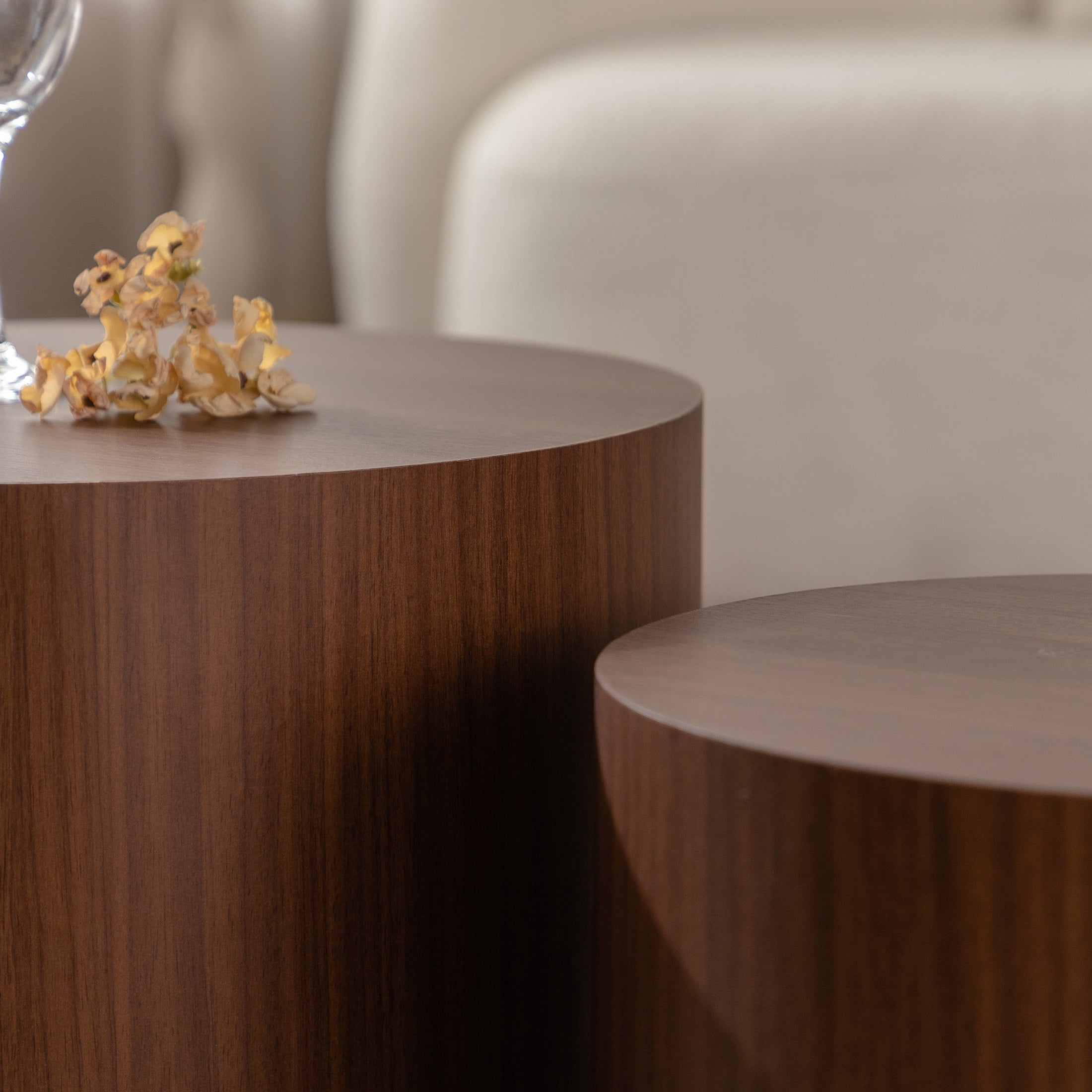 Noble House Nathan 2-Piece Round Nesting Coffee Table Set, Modern Wooden Industrial Side Tables, Walnut, Set of 2