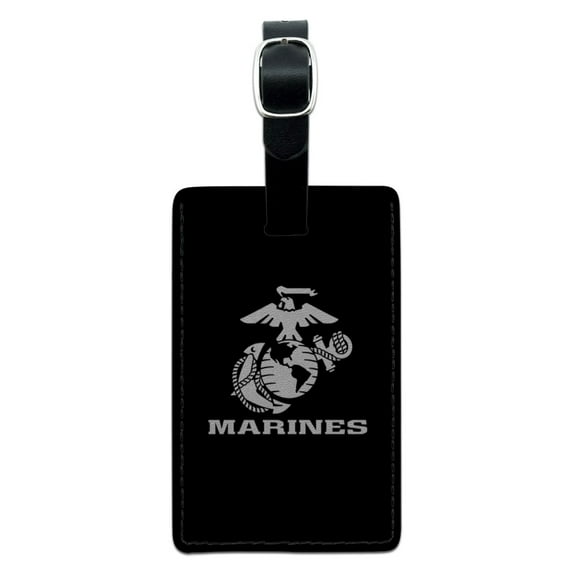Marines Text USMC White Logo on Black Officially Licensed Rectangle Leather Luggage Card Suitcase Carry-On ID Tag