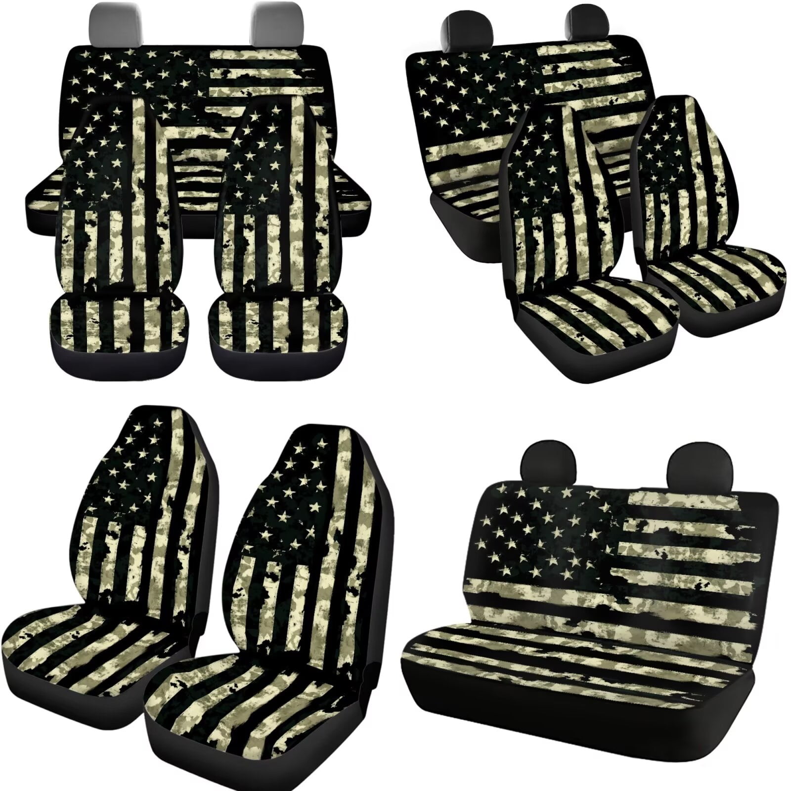 Garronmavis American Flag Comouflage Car Seat Covers Full Set 11 Pcs for Sun Protection with Cars Headrest Protectors+Lanyards Key Ring+Auto Cup Coaster+Handbrake Gear+Shift Knob Cover
