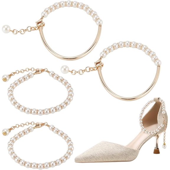 PH 4pcs Pearl Shoe Straps Beaded Anklet Decorative Straps High Heel Shoe Straps Shoe Laces Beads Anti Loose Shoelace Detachable Shoe Strap Band for Holding Loose High Heel Shoes for DIY