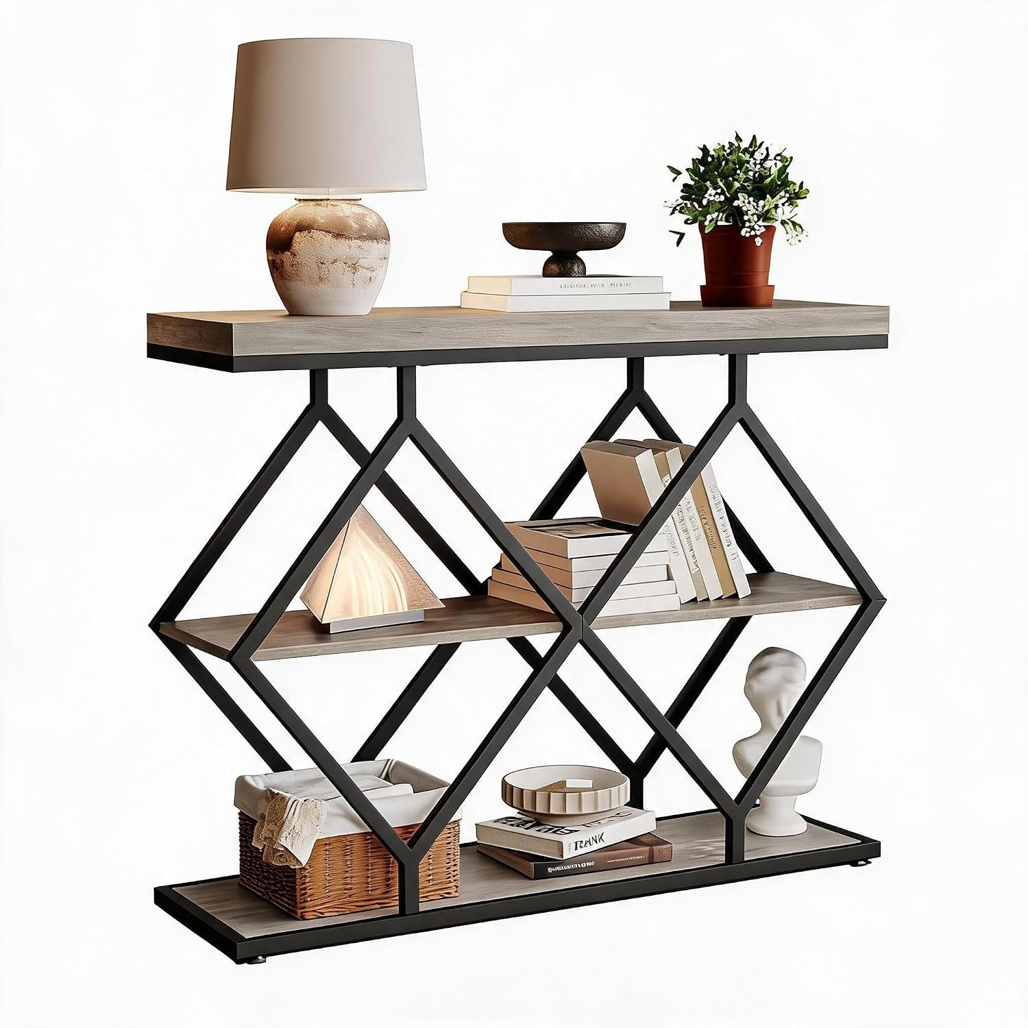 Industrial Console Table with Diamond Metal Frame and 3-Tier Storage Shelves Narrow Entryway Sofa Table for Living Room Hallway and Foyer Gray Wood Grain
