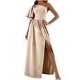 thumbnail image 2 of Robes Maxi pour Femmes 2023 Automne Couleur Unie Épaule Volantée Fendue Manches Courtes Robe en Liquidation, 2 of 8