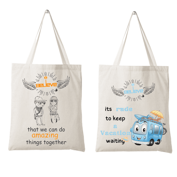 Set of 2 Reusable 100% Cotton Organic Canvas bags - I believe in Awesome Things & Vacations
