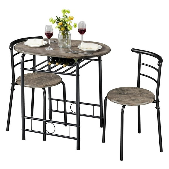 Small Space Kitchen Table Set, 3 Piece Dining Table and Chairs with Storage Rack, Compact Design for Apartment Bistro Office, Steel Frame, Drift Brown