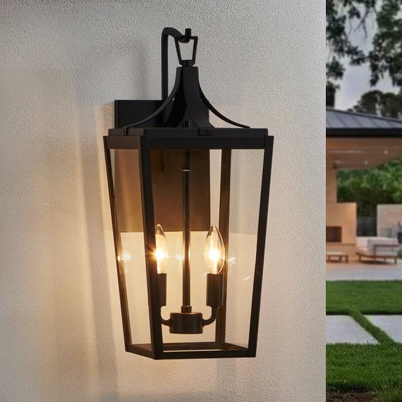 KAWOTI 20 in. 2-Light Sandy Black Hardwired Outdoor Wall Lantern Sconce with Clear Glass