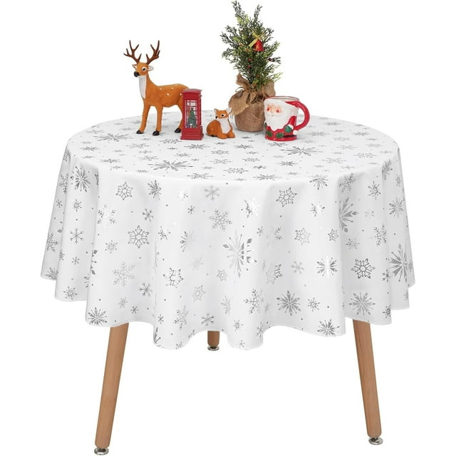 Christmas Tablecloth, Silver Snowflake Christmas Table Cloth for Winter, Christmas Tablecloths, Waterproof Spill-Proof Table Cover for Table, Kitchen, Dining, Holiday, 60 Inch Round, White