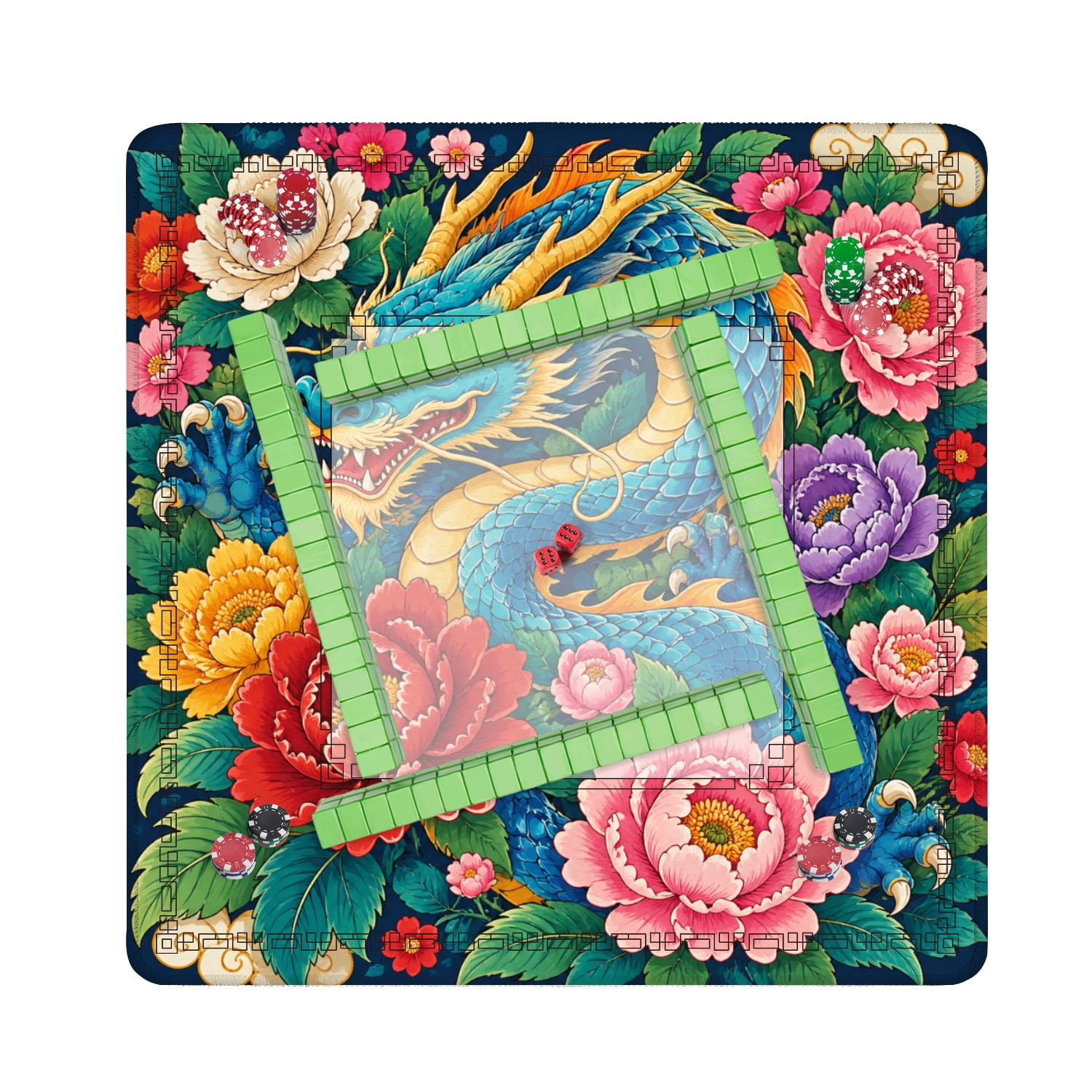 Mahjong Mat 31.5" x 31.5" Vibrant Amid Colorful Peonies Traditional Asian Style Non-Slip Noise Reduction American Mahjong Tiles Table Cover for Dominoes Poker Card Board Games Gift