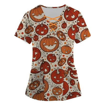 

Scrub Tops Women V-Neck Eyelet Strap Short Sleeve Scrub Shirt Printing Comfy Breathable Scrub Tops