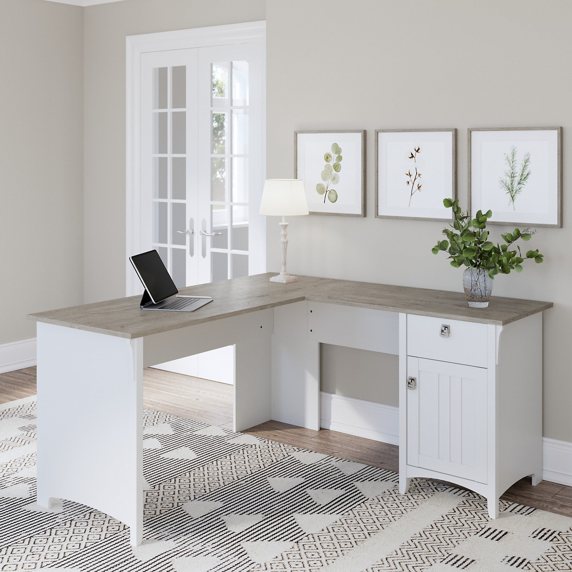 Salinas Farmhouse 60W L-Shape Computer Desk with 1 Box Drawer/1 Storage Cabinet in Shiplap Gray and Pure White
