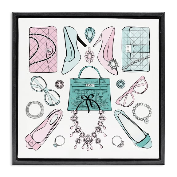 Stupell Industries Contemporary Pastel Fashion Accessories Black Floating Frame Canvas Art, 18 x 18, by Martina Pavlova