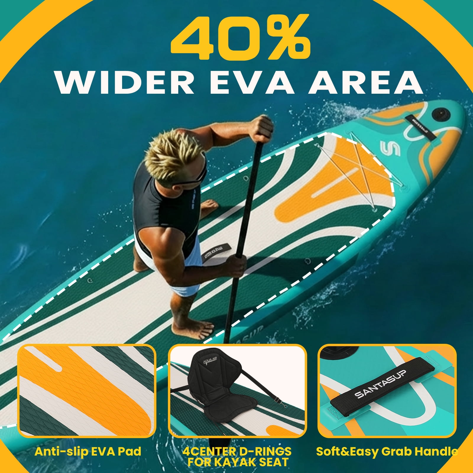 Santasup Inflatable Stand Up Paddle Board with SUP Accessories, Big Wide Anti-Slip EVA Deck, Waterproof Bag, Colorful Green 11' Sup Boards for Adults & Youth of All Skill Levels