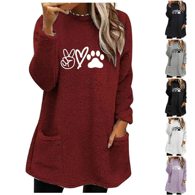 EQWLJWE Chandails Molletonnés à Col Rond pour Femmes, Longs, en Faux Sherpa, Chandail Molletonné Duveteux, Robe Chandail à Manches Longues avec Poches, Manteau d'Hiver Chaud, Mignon Chandail à Imprimé de Griffes