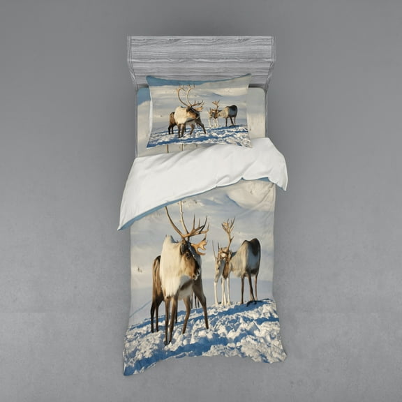 Ambesonne Winter Bedding Set 3 Pcs, Reindeers Norway Caribou, Twin XL, Brown Ivory Blue