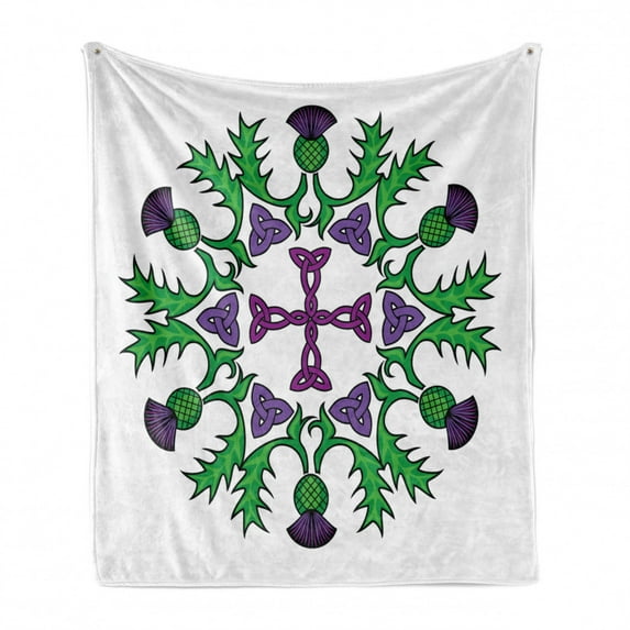 Thistle Soft Flannel Fleece Throw Blanket, Abstract Wreath Image with Flowers of Thistles and Celtic Knot, Cozy Plush for Indoor and Outdoor Use, 50" x 60", Lime Green Violet, by Ambesonne