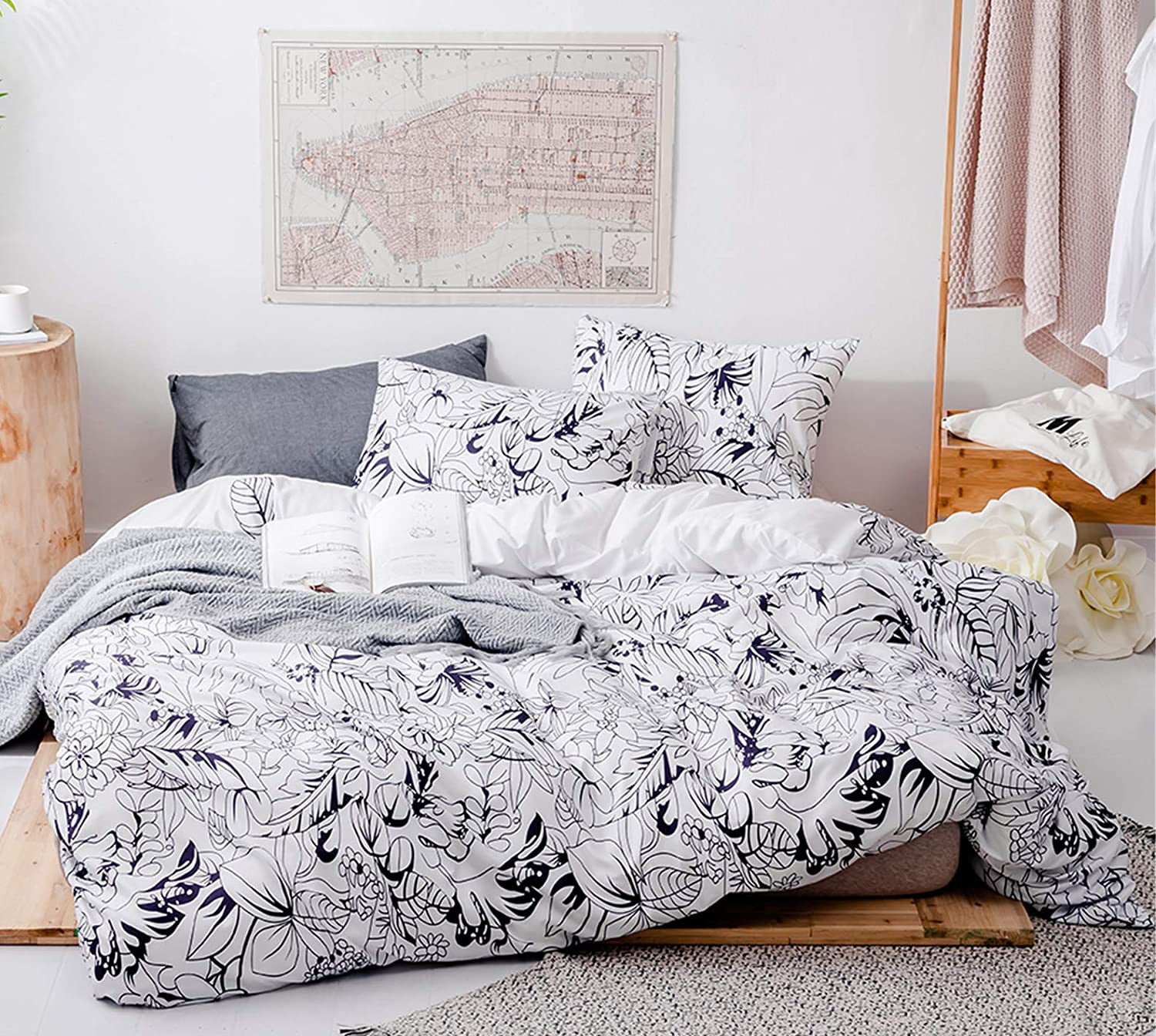 Floral Duvet Cover Queen (90"x90") Botanical Bedding Sets with Green