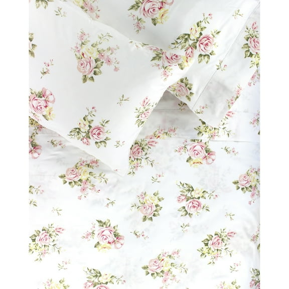Melange Home Printed Design Cotton Collection 400TC Rose Hemsitich Bed Sheet Set Full