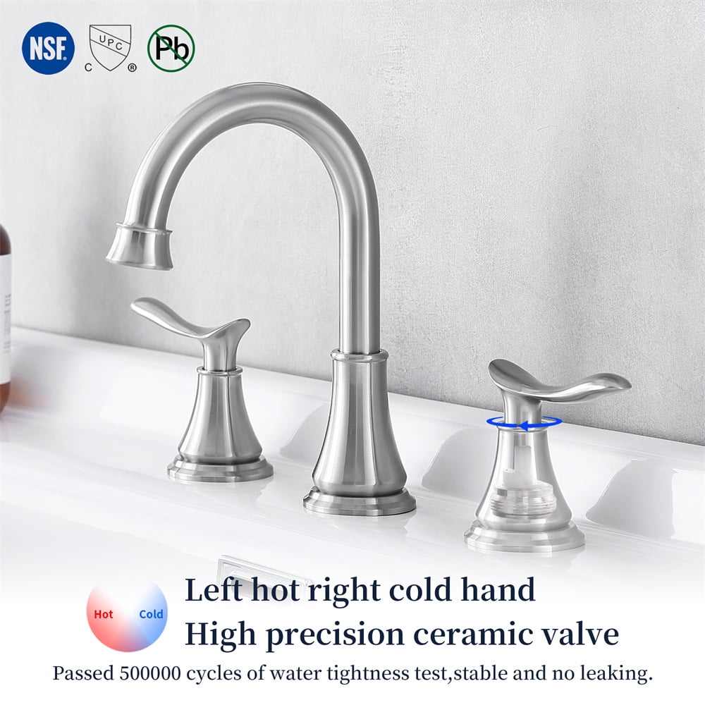 Tcbosik 8 inch Brushed Nickel Bathroom Sink Faucet, 3 Hole 360° Swivel Spout Vanity Sink Basin Faucet, 2-Handle Lavatory Faucet with Pop Up Drain Assembly and Water Supply Hoses
