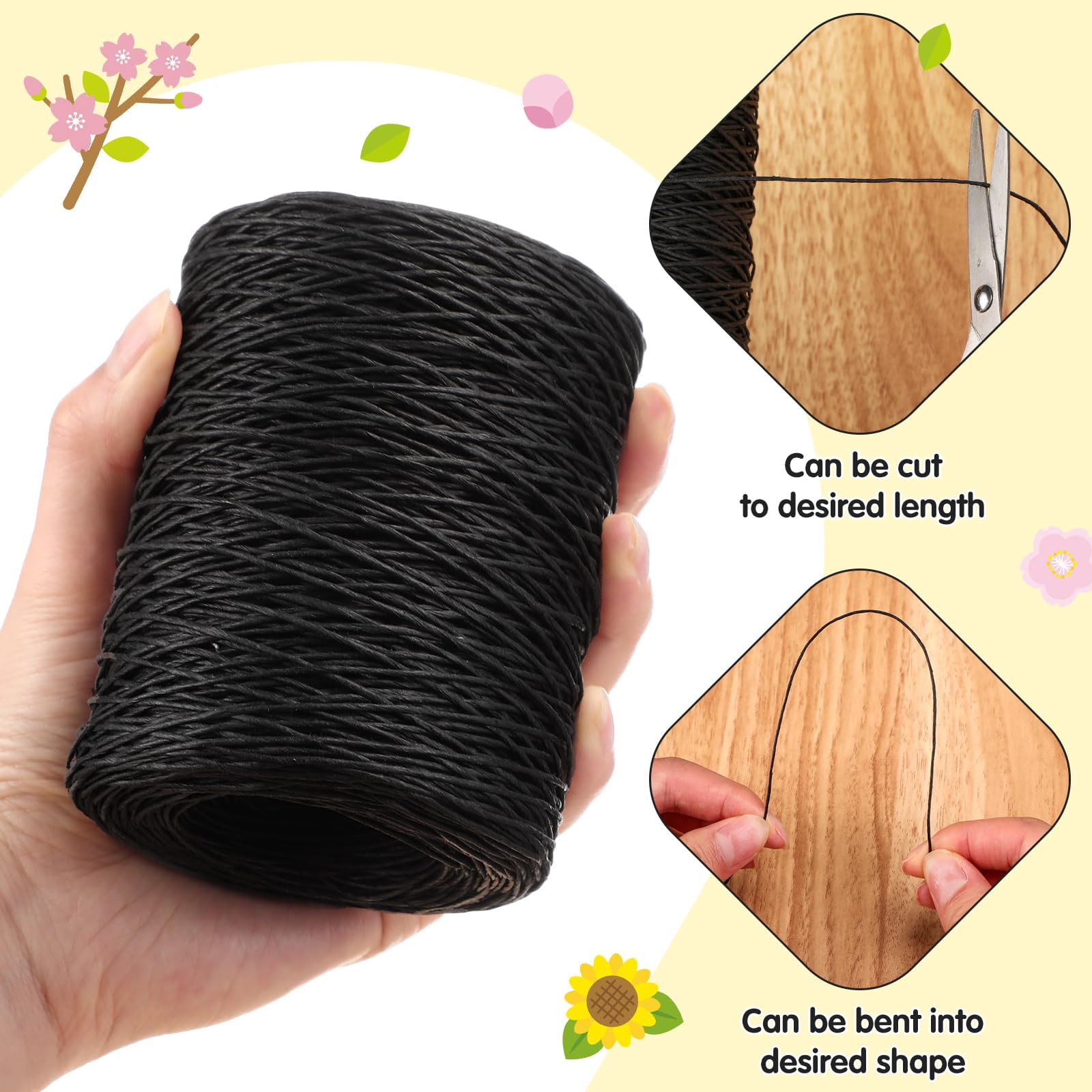 210m Floral Wire, 4mm Paper Covered Bind Wire Wrap Twine, Floral Vine Bind Wire Rustic Wrapping Wire for Flower Bouquets(black)
