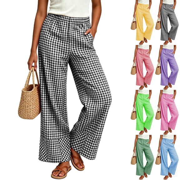 Oksale Plaid Pants for Women Petite Loose Wide Leg Pants with Pockets Casual Elastic Waist Gingham Pants 2026 Hot Pink M
