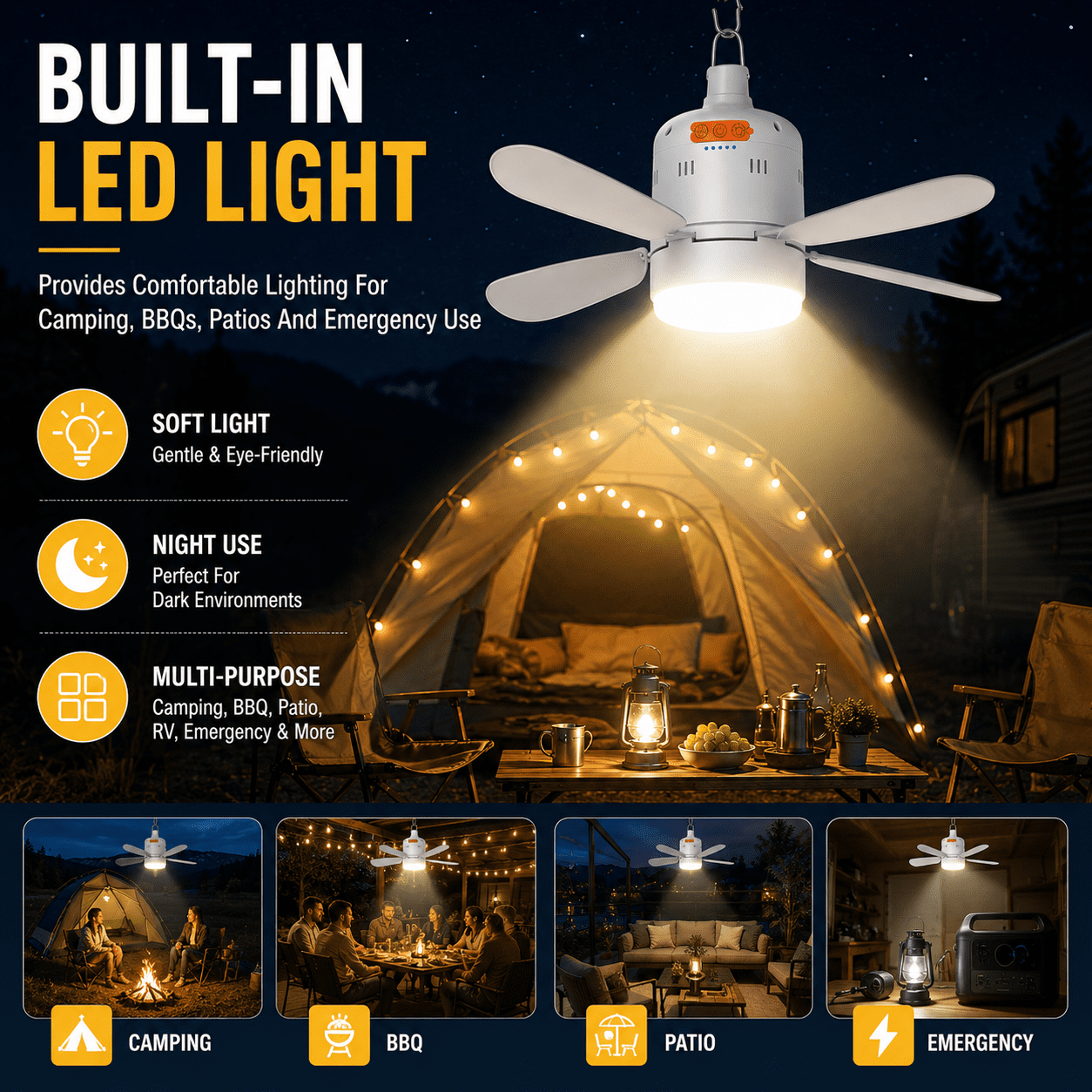SIYTUAU Portable Ceiling Fan With Remote Control Rechargeable Led Light 17.32x17.32x5.91In For Camping Tent Outdoor Hanging Fan Usb Powered Mini Fan White Adjustable Speed