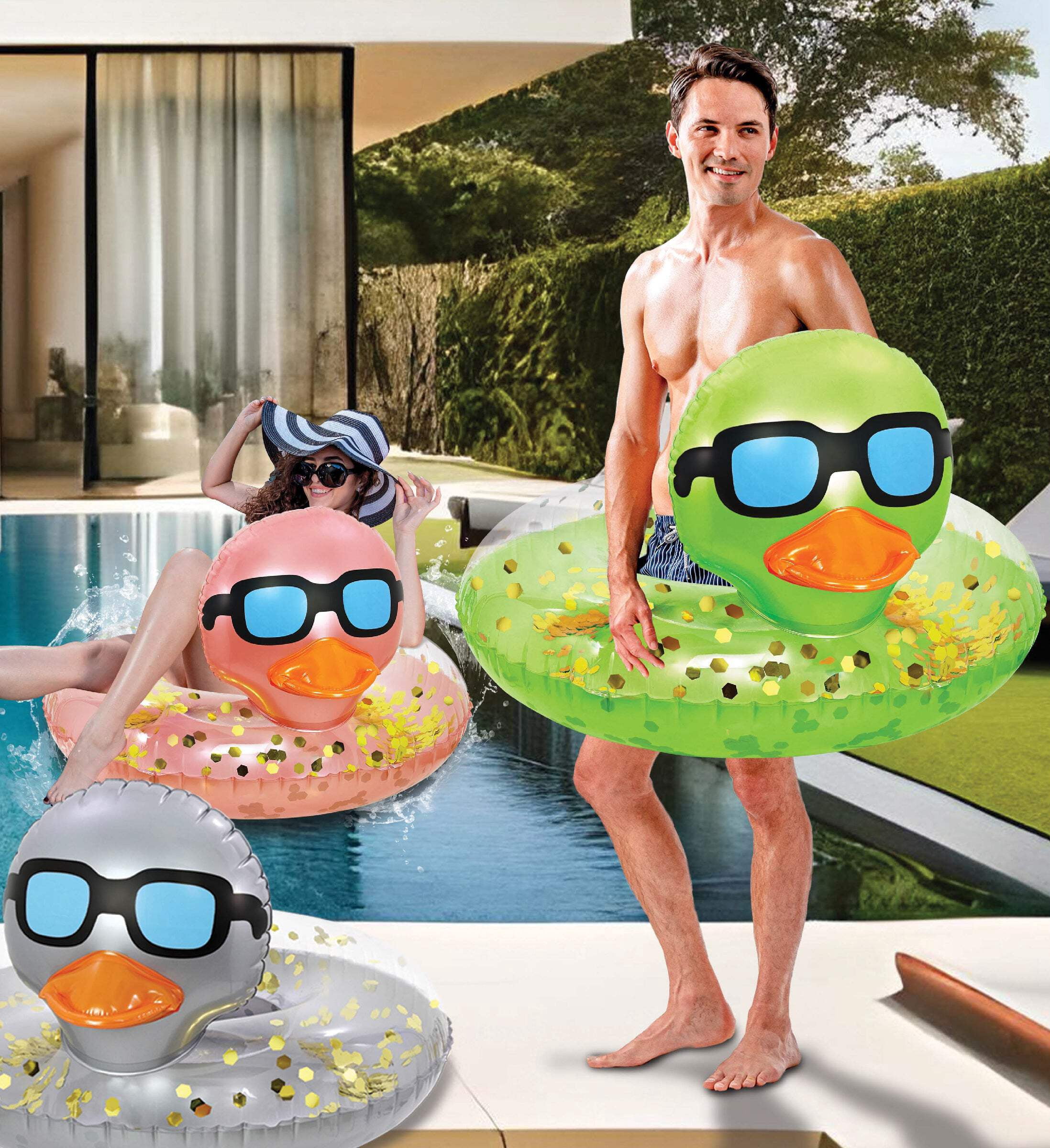 POZA Inflatable Duck Pool Float For Kids and Adults - Green Gold, 23 Inches