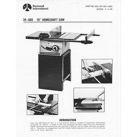Instruction Manual ONLY for Delta Rockwell 34-660 10-inch Homecraft Saw Instructions REPRINT