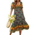 thumbnail image 1 of Biekopu Women Summer Bohemian Dress, Short Sleeve Pleated Chest Floral Pattern Boho Style One Piece Cake Skirt, 1 of 5