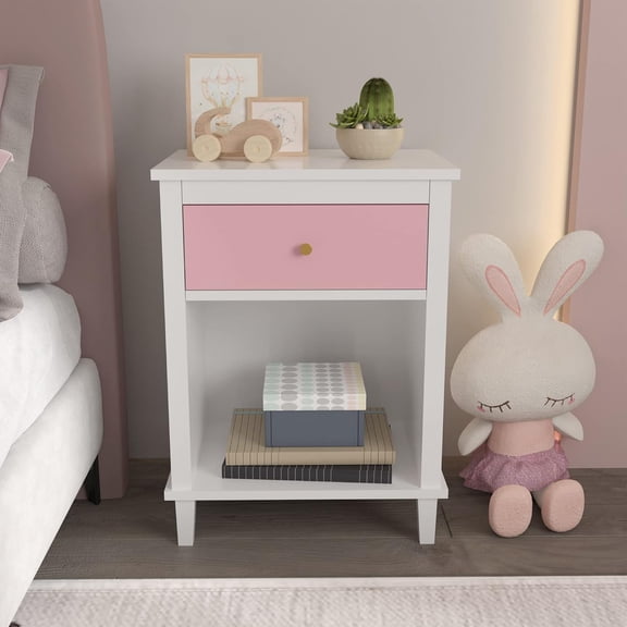 YWEN Modern Nightstand, Kids Nightstand with One Drawer, End Table for Boys and Girls, Toddler Night Stand for Living Room, Bedroom (Pink)